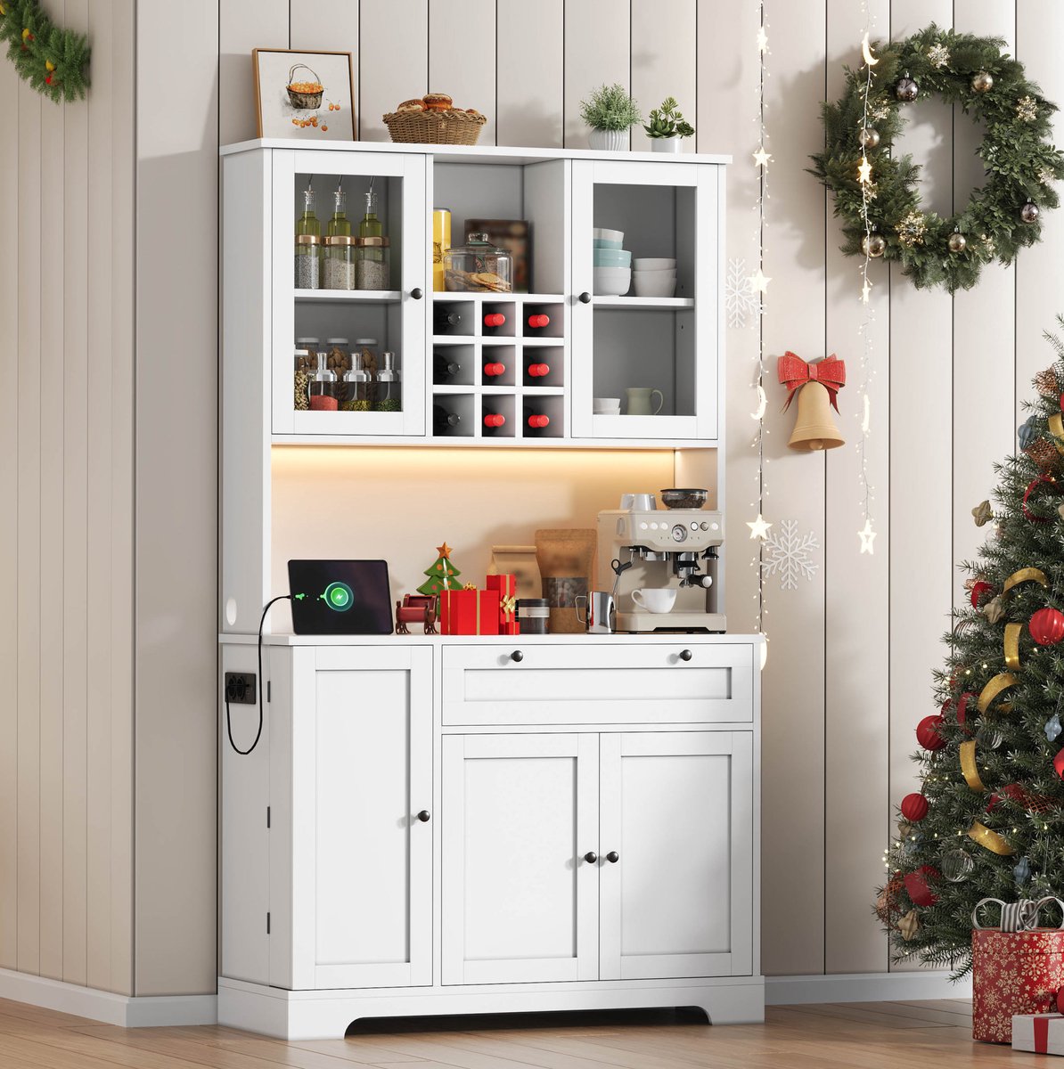 WUVRIE Keukenkast 105x40x180 cm - 5 deuren, lade, LED-verlichting en USB-aansluitingen - Wit
