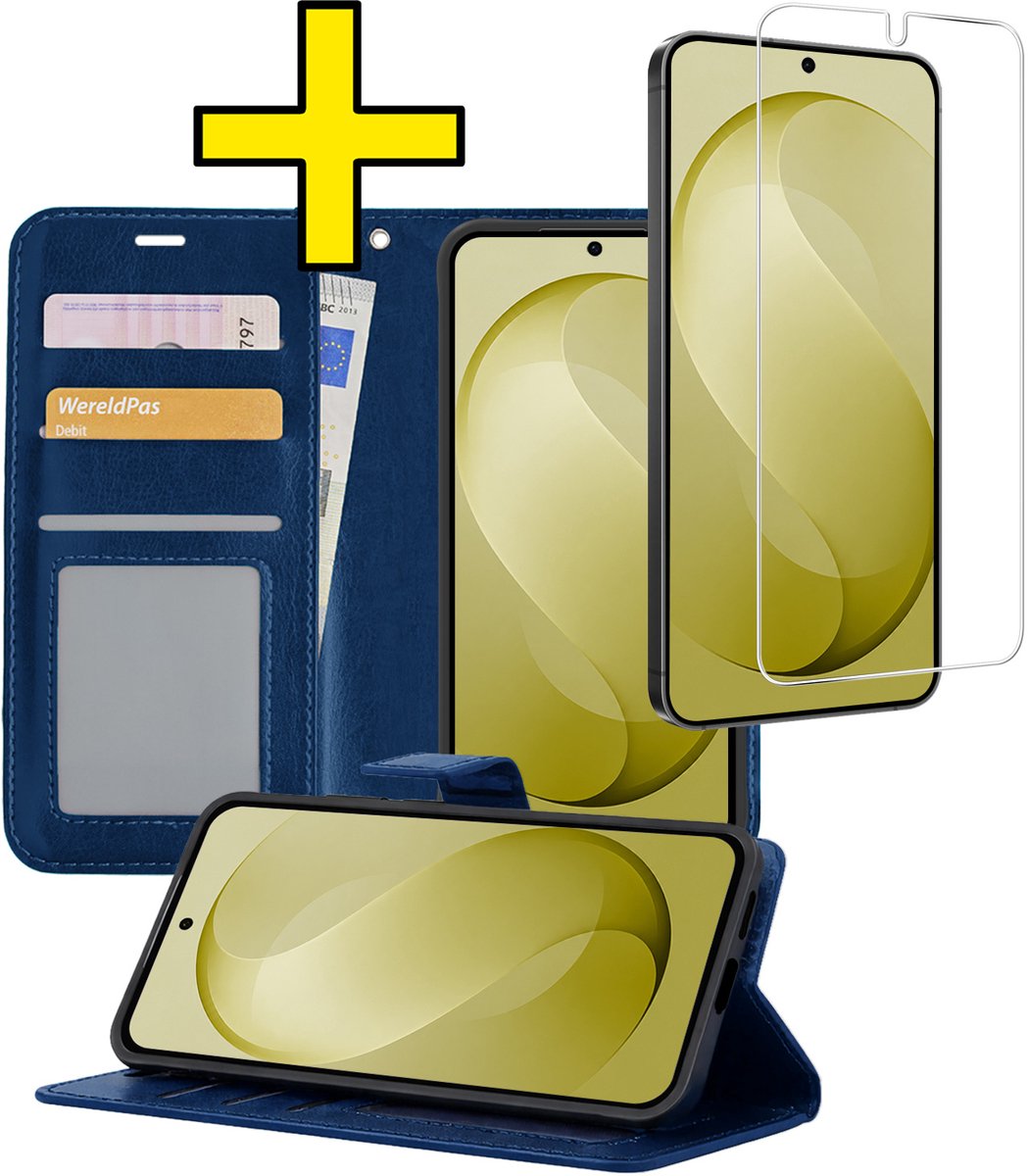 Hoesje - Met Screenprotector - Geschikt voor Samsung Galaxy S26 FE - Luxe Pasjeshouder - Bookcase Portemonee - Flip Case - Kunstleer Book Case - Flipcase - Book Cover - Walletcase - Portemonneehoes - Telefoonhoesjes - Donkerblauw