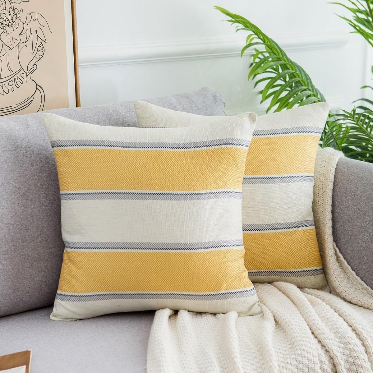 SnelShoppen - Set van 2 Kussenslopen 50x50 cm, Lichtgrijs met Strepen, Kunstlinnen, Decoratieve Kussenslopen voor Woonkamer en Slaapkamer, Moderne Ban