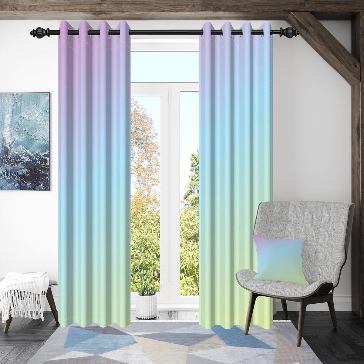 Eyelet Curtains for Bedroom, Children's Room, Living Room, Home Office, 2 Panels Purple Blue Green Gradient Colour - ShopVlot
