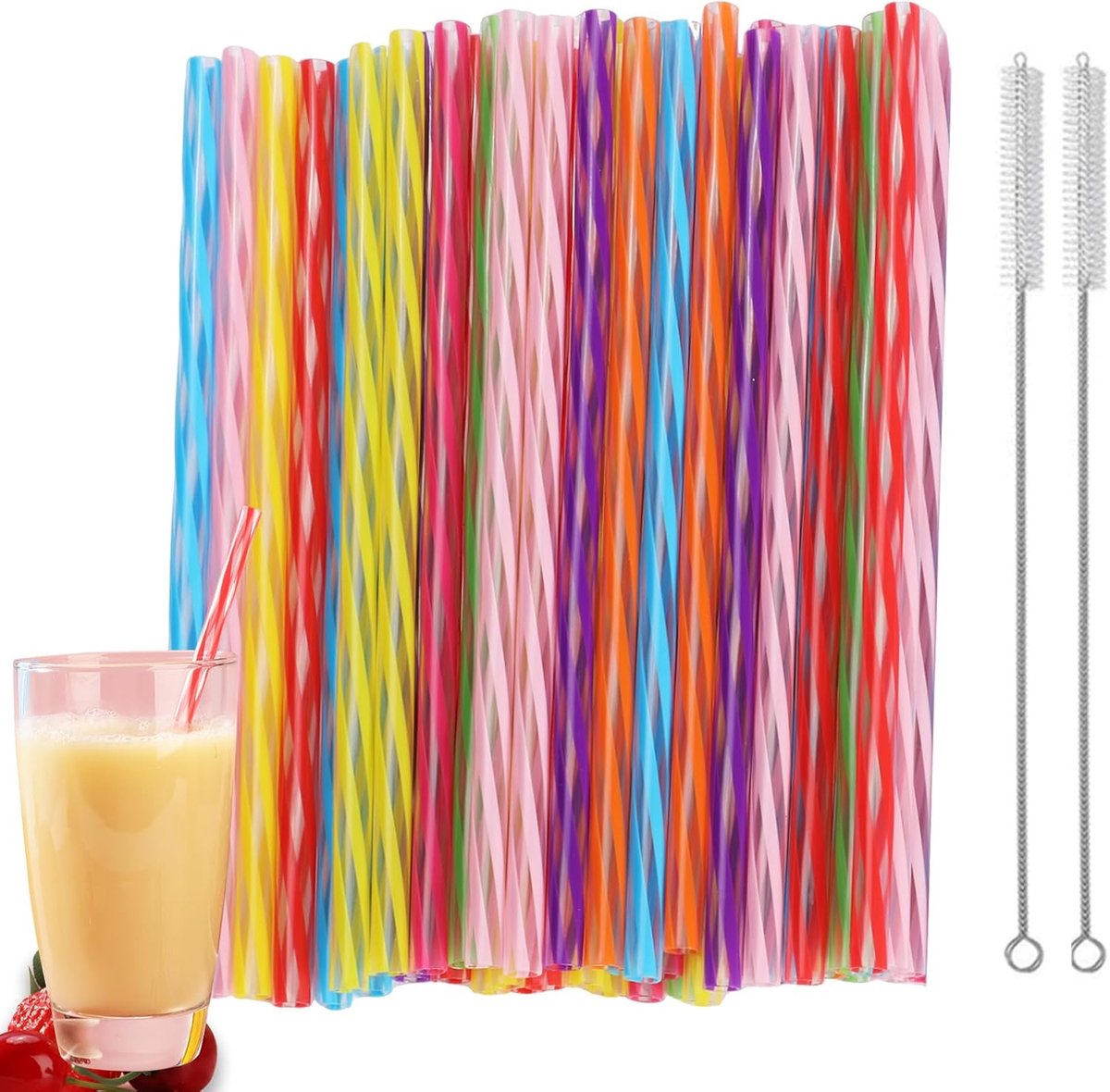 SnelShoppen - 72 Stuks Kleurrijke Harde Plastic Streep Drinkrietjes - Milieuvriendelijke Regenboog Rietjes met 2 Reinigingsborstels - Herbruikbare Rie