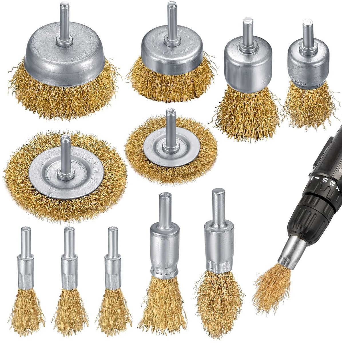 11 Pieces Steel Brushes, Brass Brush Attachments, Metal Wheel and Bowl Shaped Wire Brushes with 1/4 Inch Shank for - ShopVlot