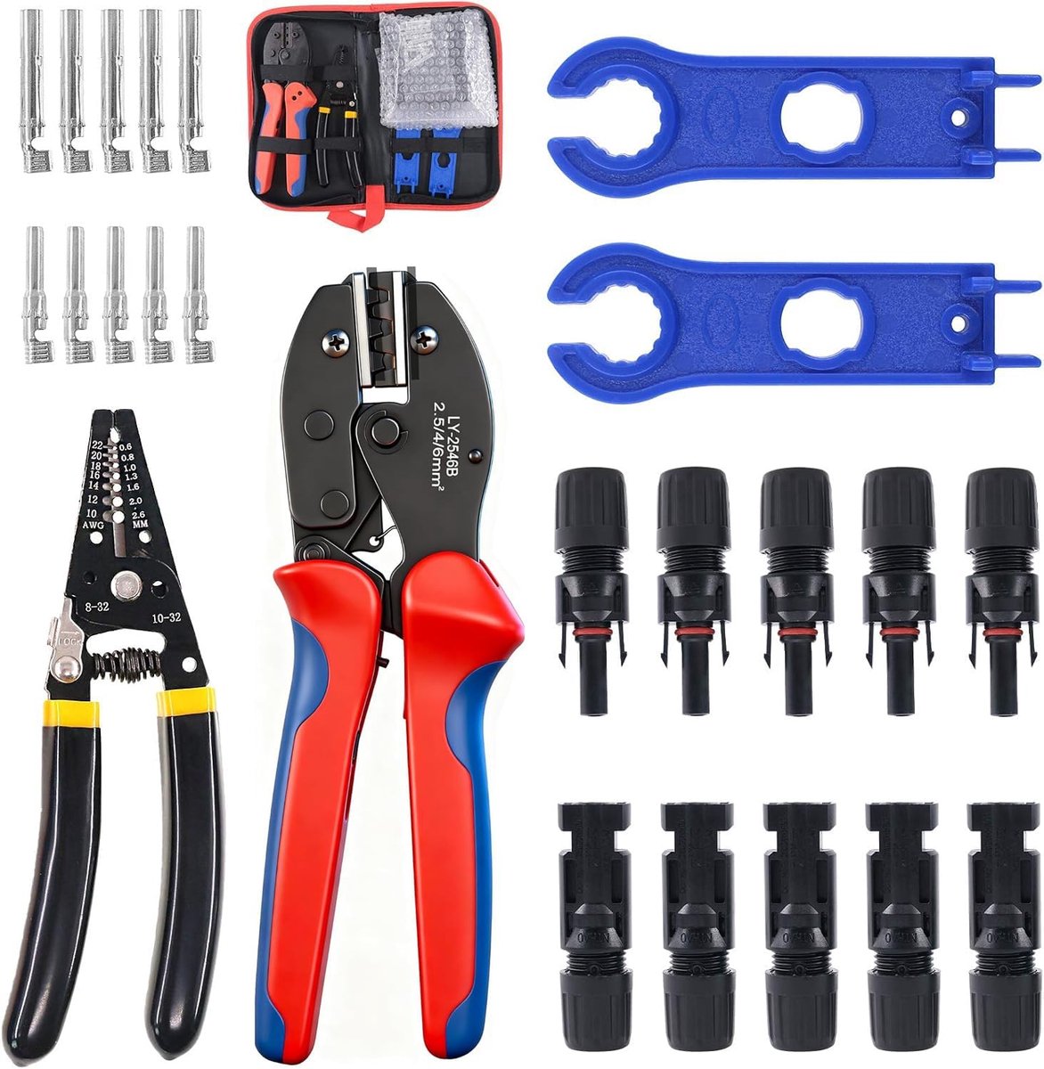Krimptang voor zonne-energie, gereedschapsset voor 2,5/4/6 mm² PV-kabels, 5 paar kabelstekkers, 5 paar mannelijk/vrouwelijke stekkers, 1 krimptang, 1 striptang, 2 moersleutels voor solarstekker
