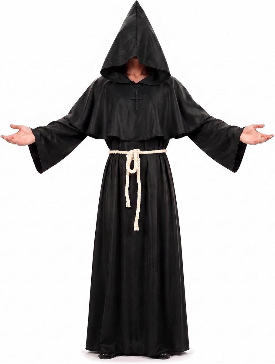 Monnikenkostuum, middeleeuwse gewaad met capuchon, halloweenkostuum voor heren, carnavalskostuum voor mannen, monnikkapje, feestverkleding voor Halloween carnaval