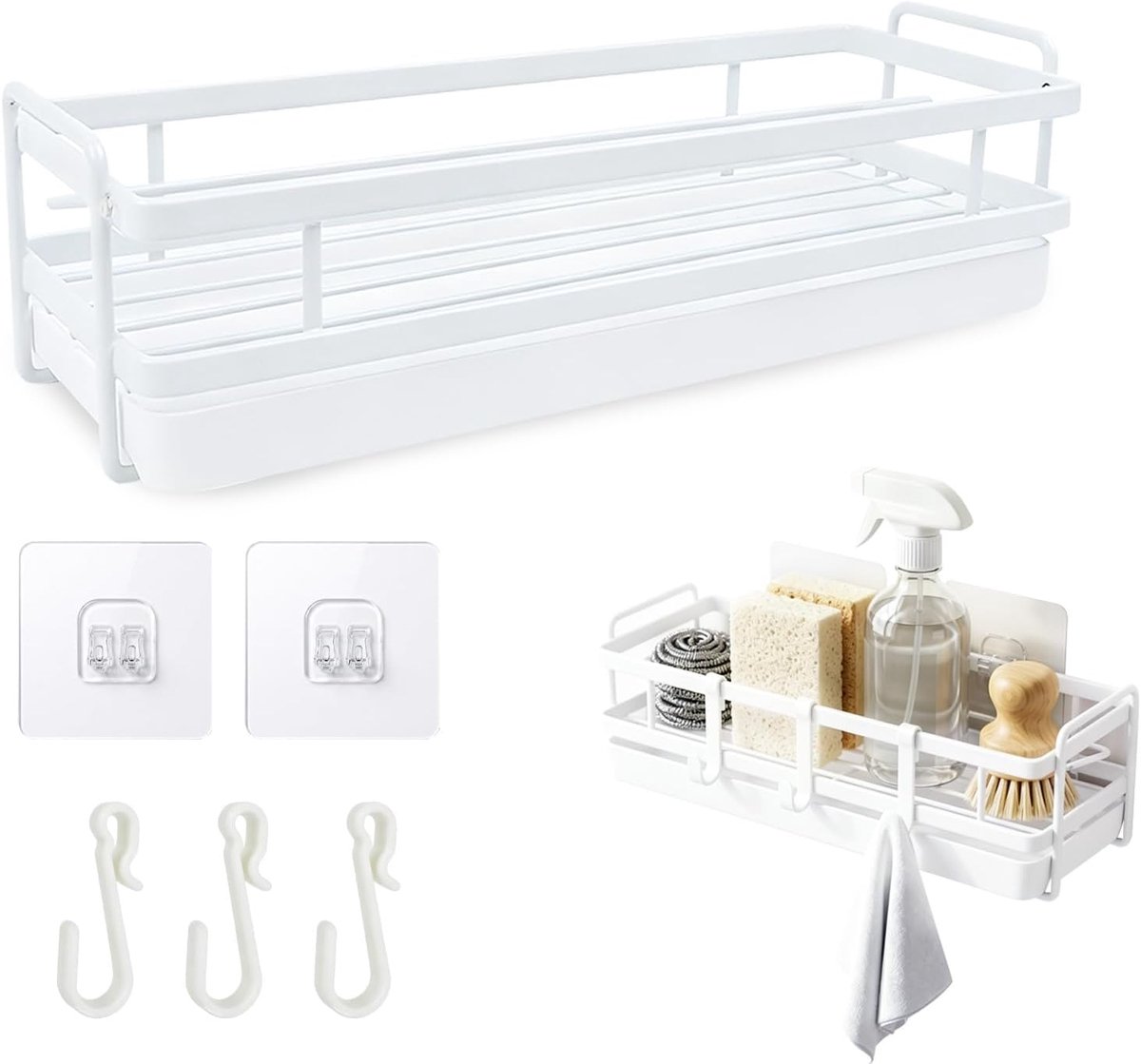 Wandorganizer voor gootsteen, afdruiprek, sponshouder, zeephouder, gootsteen, keuken, opbergrek van metaal, zonder boren, met doekhouder voor keuken en badkamer, 3 haken, wit