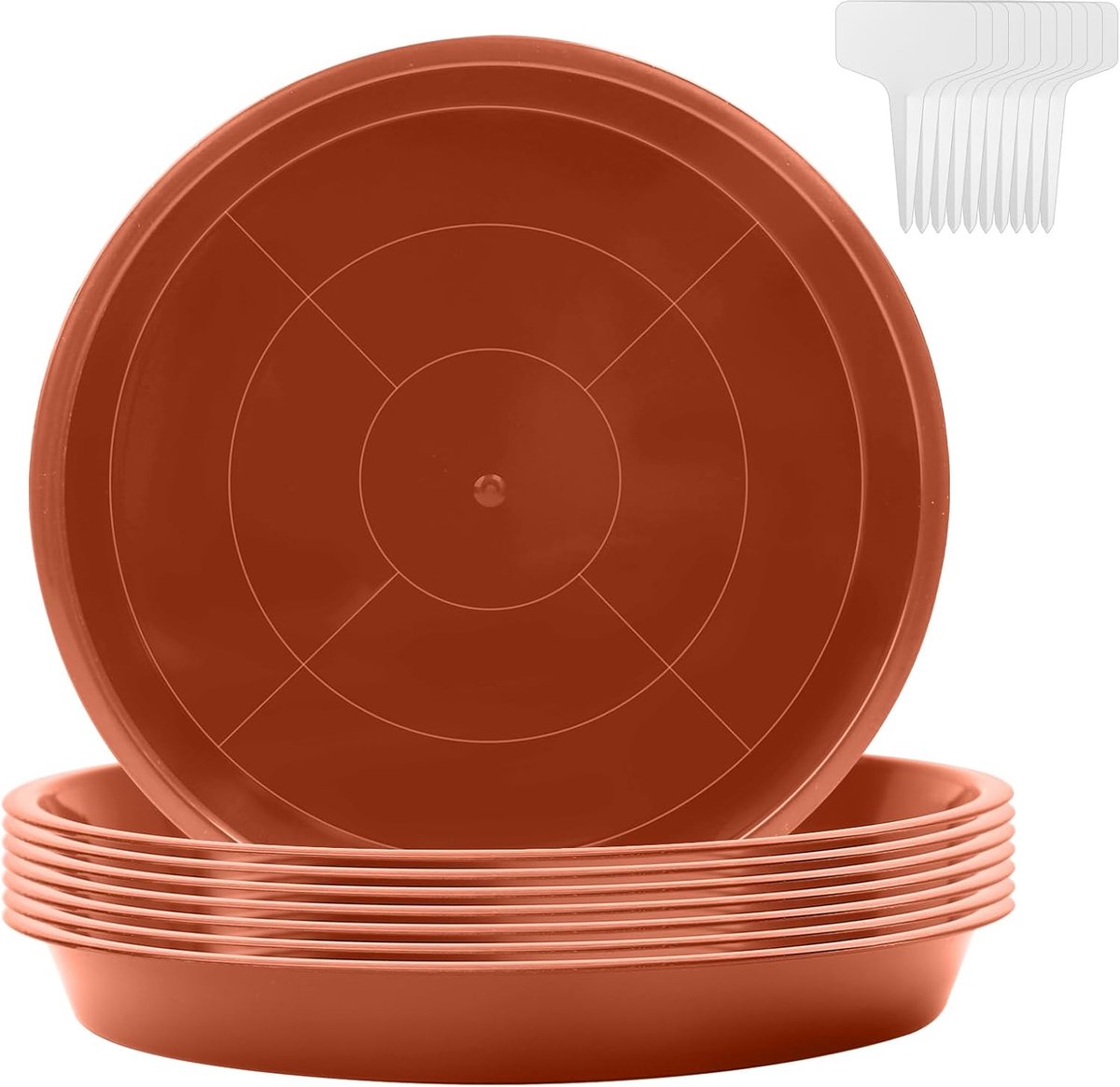 8 stuks bloempotonderzetters, rond, met 10 etiketten, kunststof onderzetters voor bloempotten, binnen- en buitenplanten, rood, diameter 20 cm