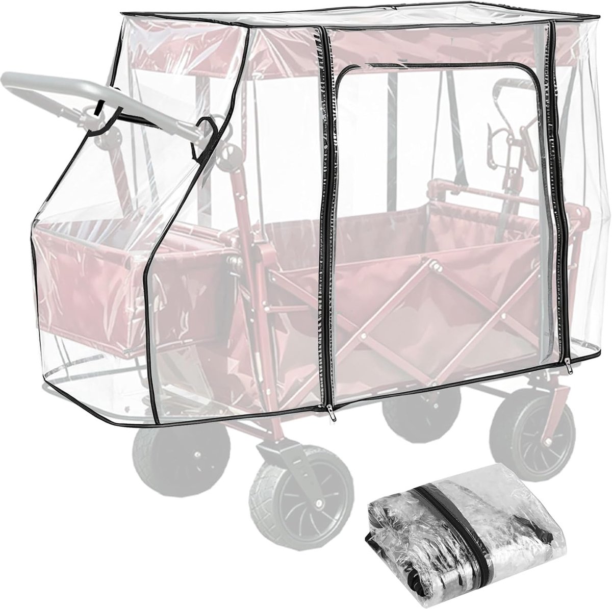 Bolderkar, regenbescherming, 115 x 51 x 75 cm, regenhoes met ritssluiting, transparante regenhoes voor regenzeil, inklapbare bolderkar, campingwagen, handwagen, universeel