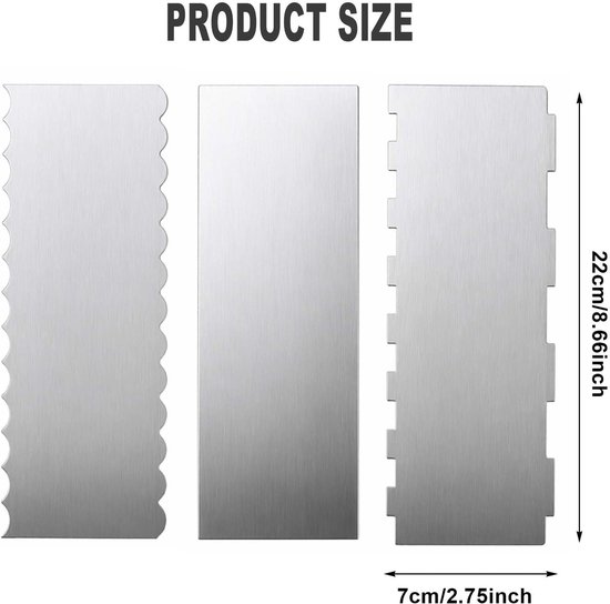 3 stuks taartschrapers van roestvrij staal, 22 x 8 cm, taartspatel om glad te maken, schraper voor taartdecoratie — afbeelding 2