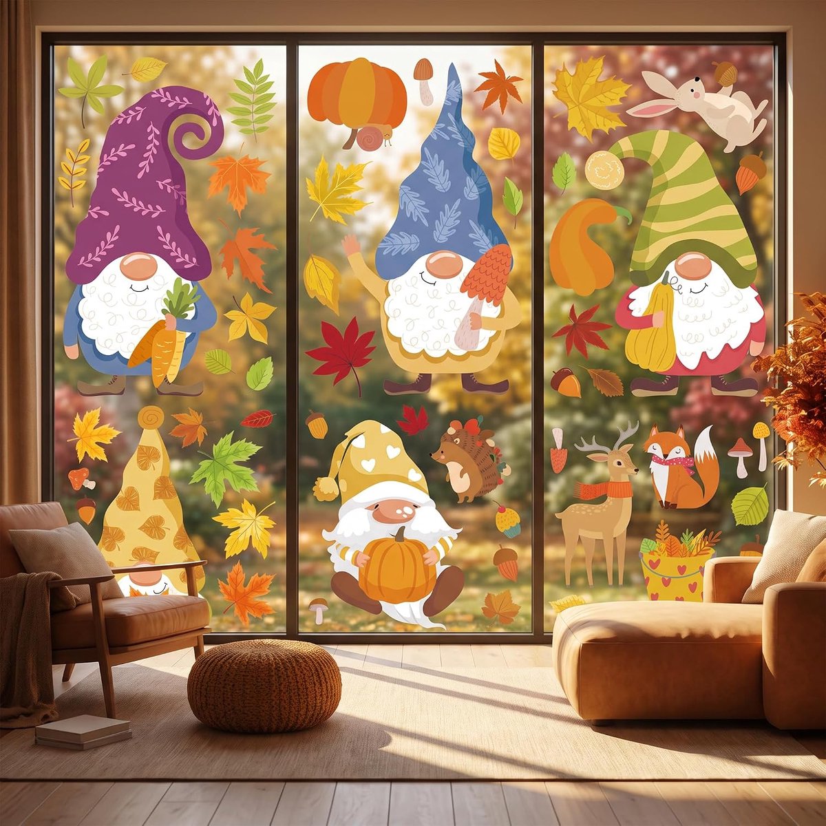 Raamafbeeldingen, herfst, zelfklevend, 62 stuks, herfstdecoratie, raamstickers, herfstbladeren, voor kinderen en volwassenen, herbruikbaar