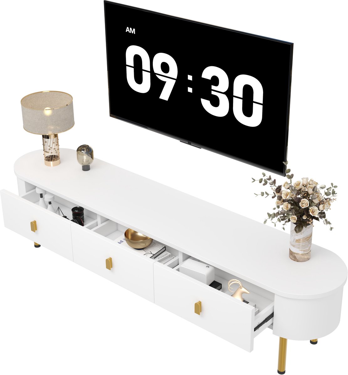 Merax TV meubel 174 cm Wit met Goud - Tv-Kast met 3 lades