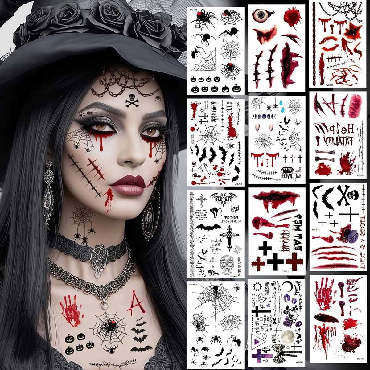 Tatoeages, 12 vellen Valse Halloween Wonden, Littekentatoeages