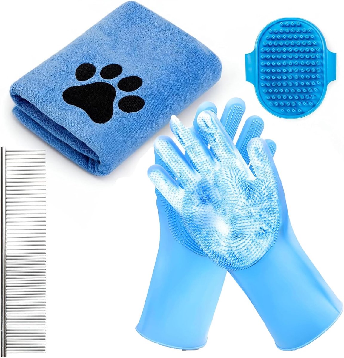 4-in-1 hondenbadset met droogdoek, washandschoenen, metalen kam, massageborstel – hondendouche, ideale verzorgingsset voor huisdieren (4-blauw)