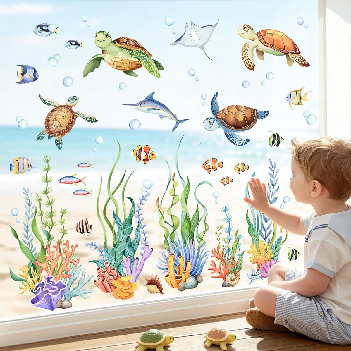 Raamstickers zeeschildpad raamafbeeldingen zee algen onderwaterwereld