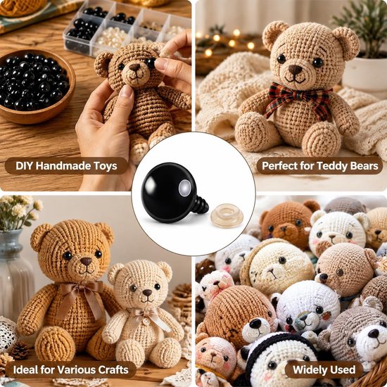 Ogen voor Knuffels en Poppen, Zwarte Poppenogen met Sluitringen, 6 Maten DIY Accessoires voor Haken, Knutselen en Handgemaakte Speeltjes — afbeelding 3