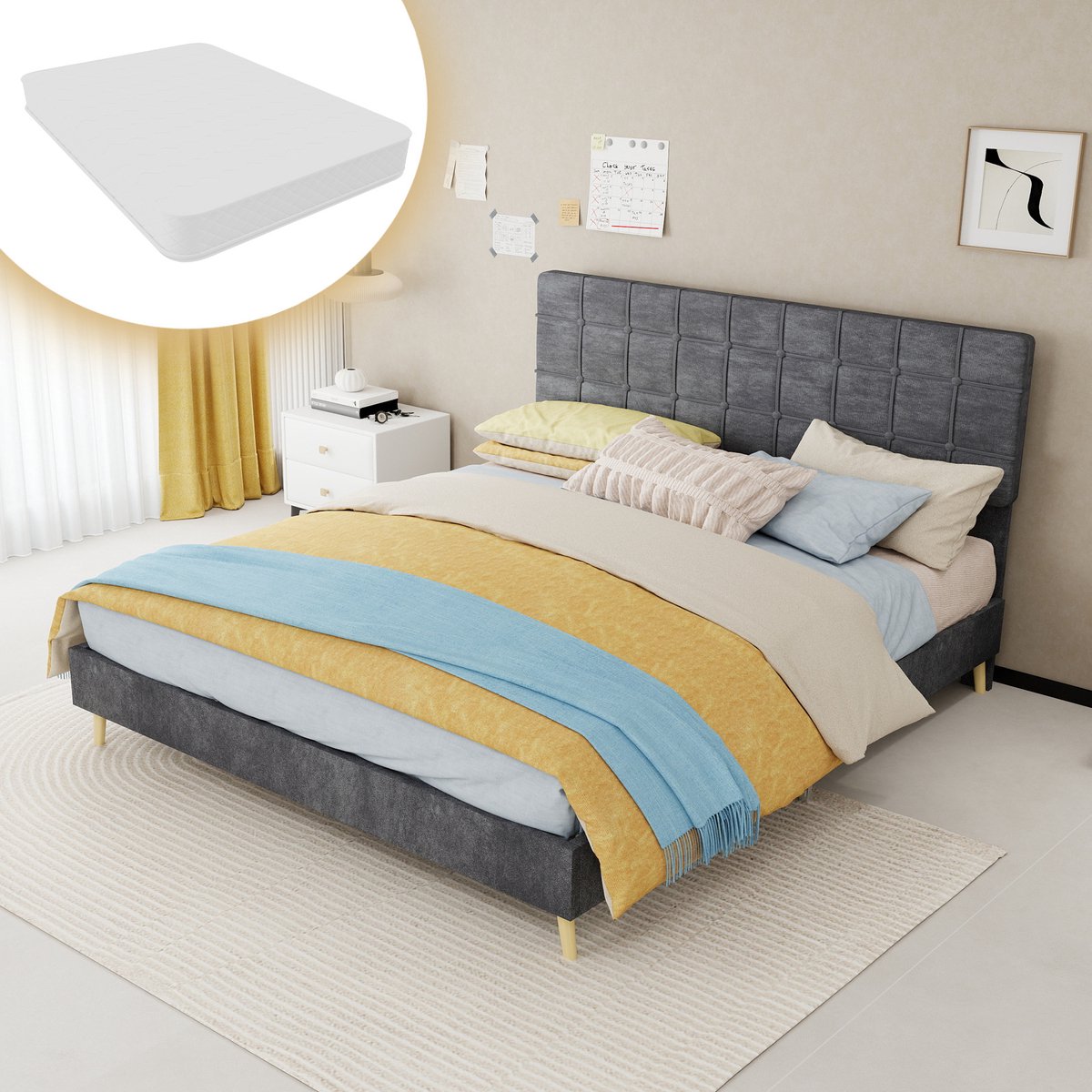 REDOM Tweepersoonsbed met matras - Gestoffeerd hoofdbord met ruitstiksel - Lattenbodem - Stoffen bekleding - Houten frame - Grijs - 205 x 160 x 127 cm