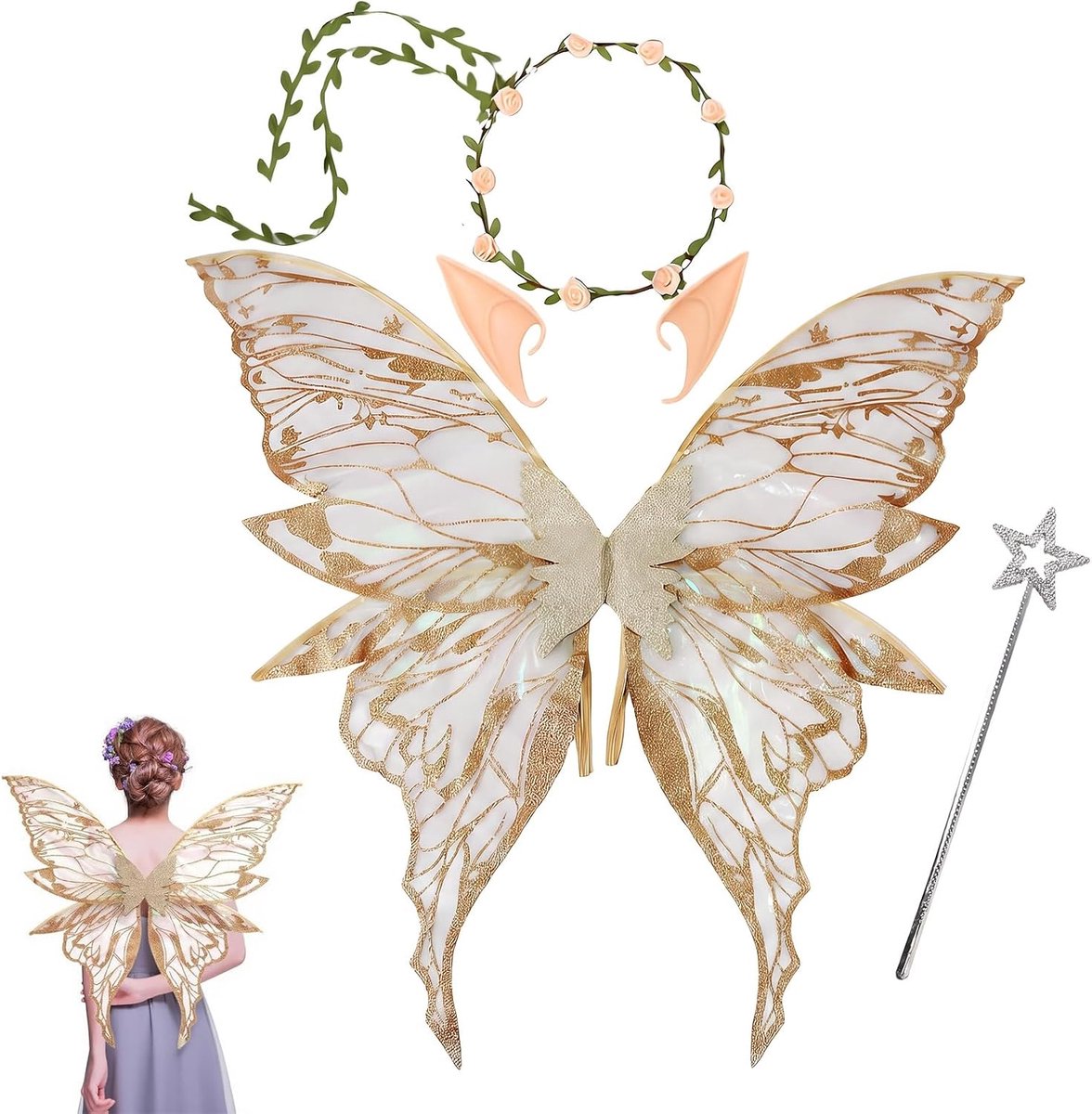 Feeënvleugelkostuumset met vlindervleugels, feeënvleugelkostuum, met elfenoren, bloemenkrans, sterren, feeënstokken en stickers, vlindervleugels, prinsessenvleugels, carnavalskostuums voor dames