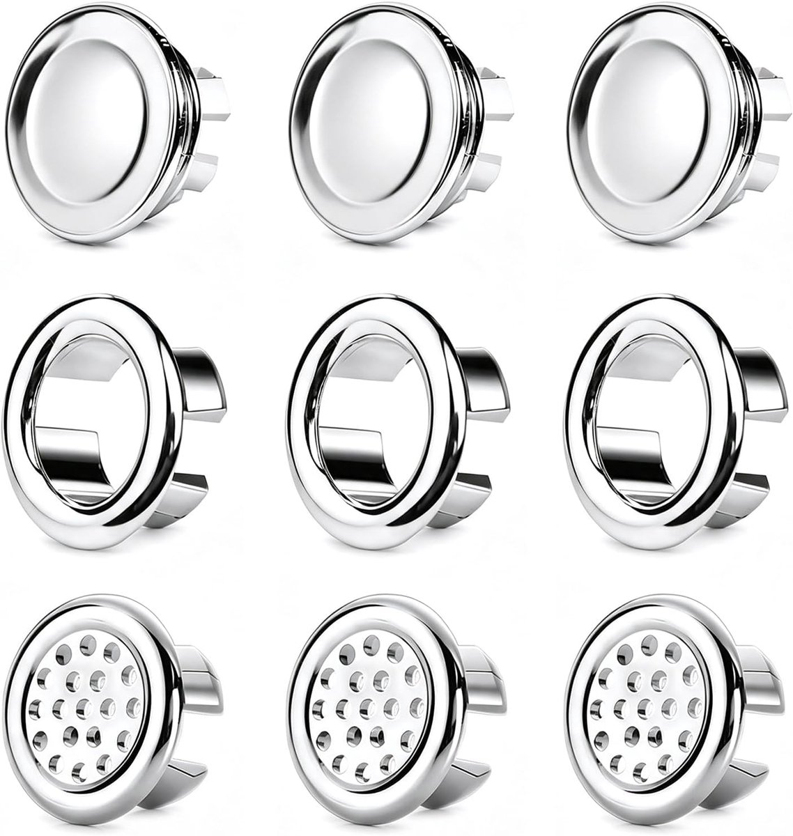 9 verchroomde ABS-afvoerringen voor wastafel, bidet en keuken, 3 dubbele, 3 honingraat en 3 kabel, gepolijste zilveren afwerking