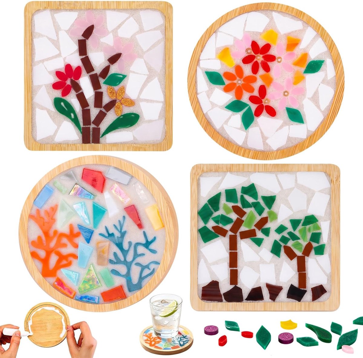 Mozaïek onderzetters set gemengde kleuren 4 stuks glas-mozaïek onderzetters