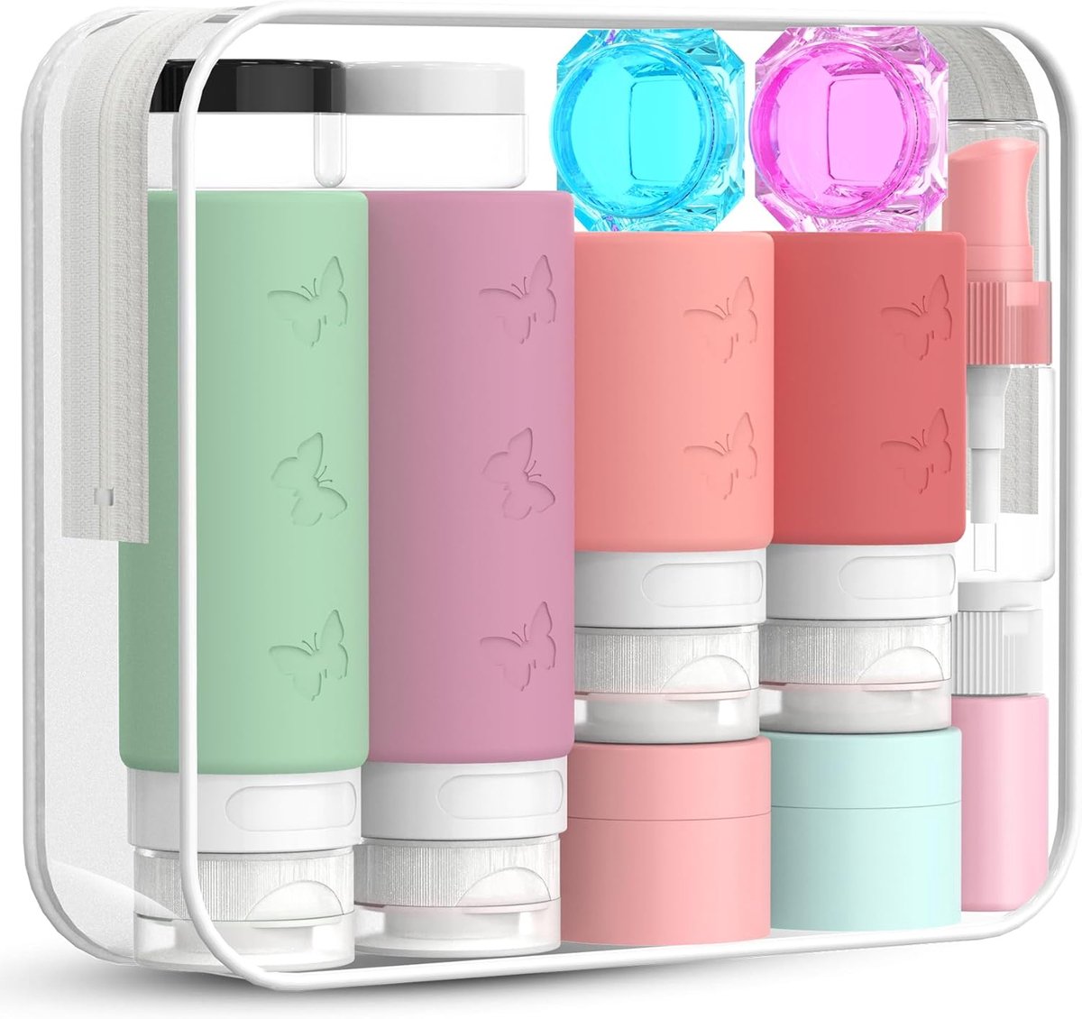 SnelShoppen - 26-delige Reisetui Set - Squeezable Siliconen Toilettas Flessen - 3.4oz/2.1oz Leeg en Lekvrij - TSA Goedgekeurde Reisspullen voor Shampo