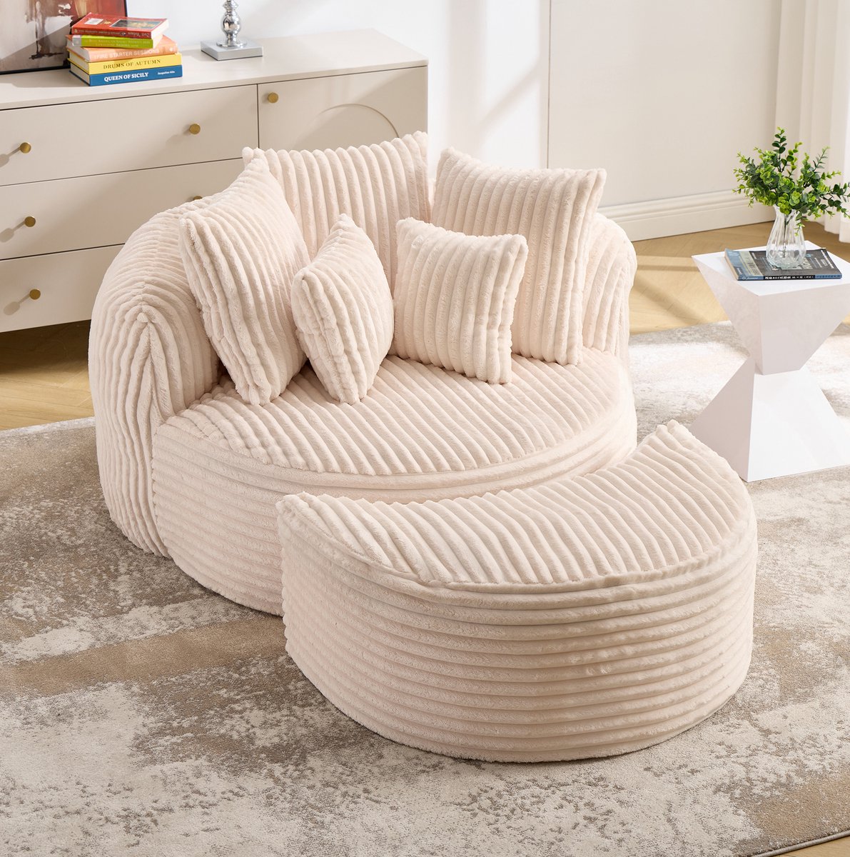 FloraGrace Fauteuil 168 X 123 X 63 Cm - Vloerbank Met Hocker En Vijf Kussens - Woonkamer Of Slaapkamer - Chenille - Beige