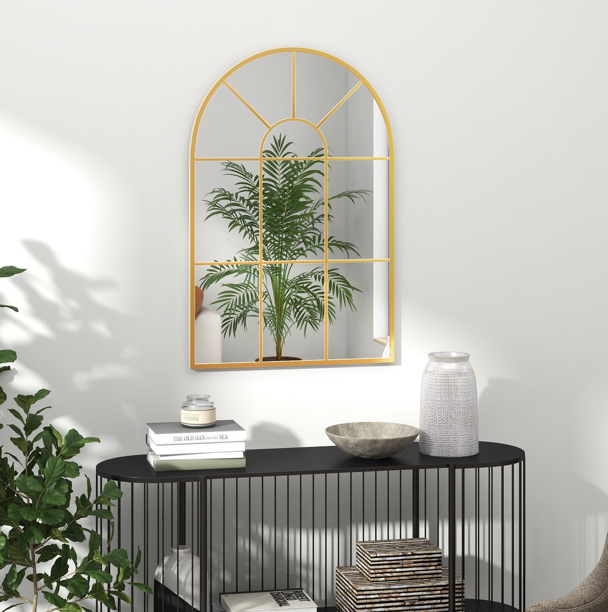 MIVRAY Wandspiegel – Gebogen Vensterdesign – 91 x 60 cm – Metaal – Goud – Decoratieve Wandspiegel Voor Woonkamer Slaapkamer En Hal