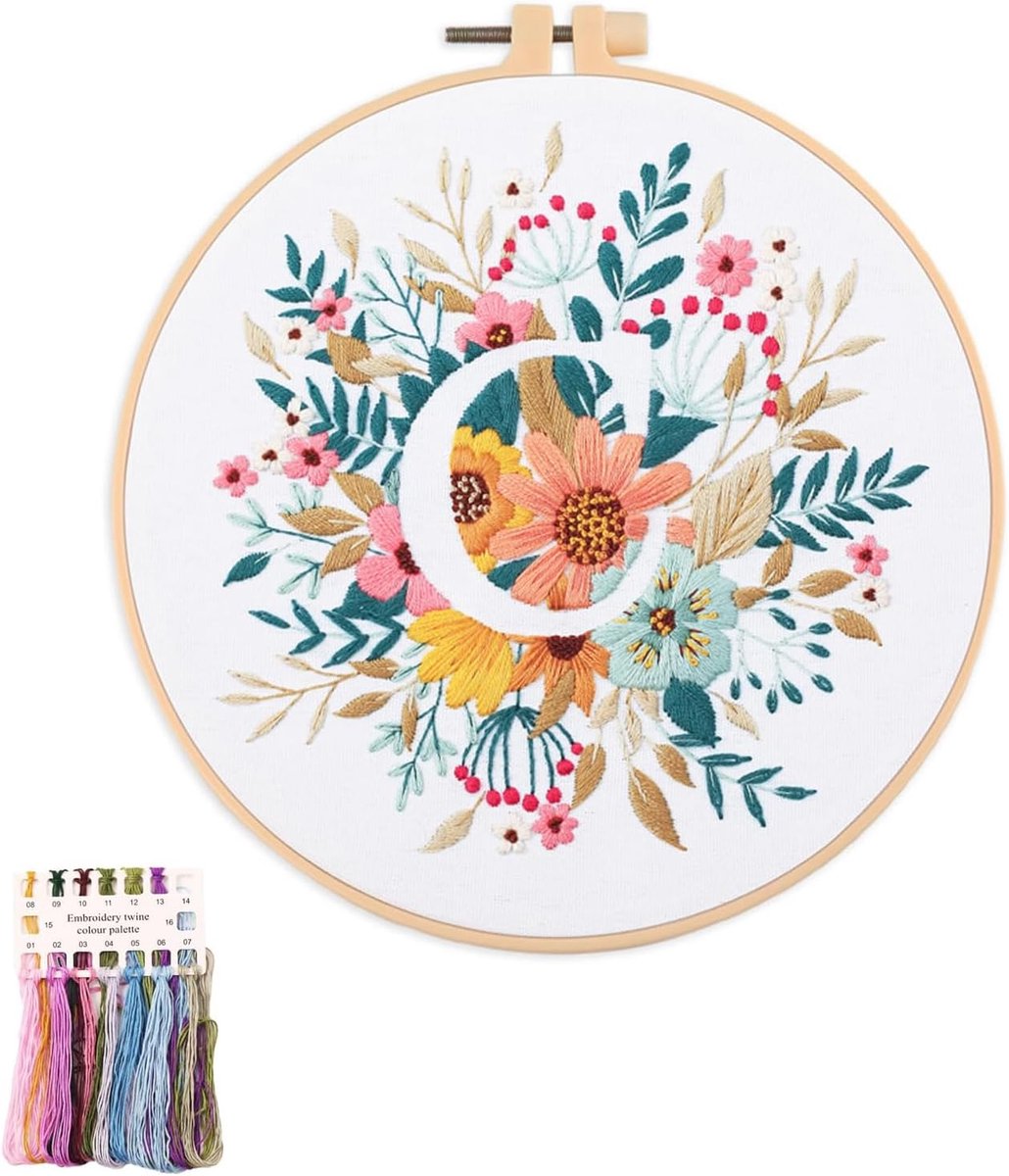 Artcici Borduurpakketten Plant Bloem Letter C Patronen voor Beginners Volwassenen, Volledige Range Borduurwerk Starter Kits Kruissteek Handwerk Benodigdheden