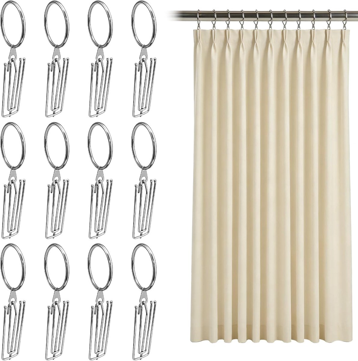 Ringen met haken, 12 stuks, 38 mm, roestvrij metalen gordijnringen met oogjes, vouwgordijnhaken voor gordijnen, ramen, deuren en douchegordijnen, zilver