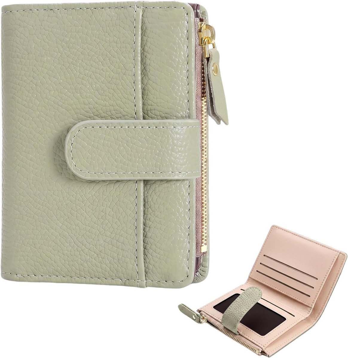Dames Klein - Zacht Leer - Compacte Bifold Wallet met Kaarthouder en Ritsvak voor Muntgeld, Lichtgroen