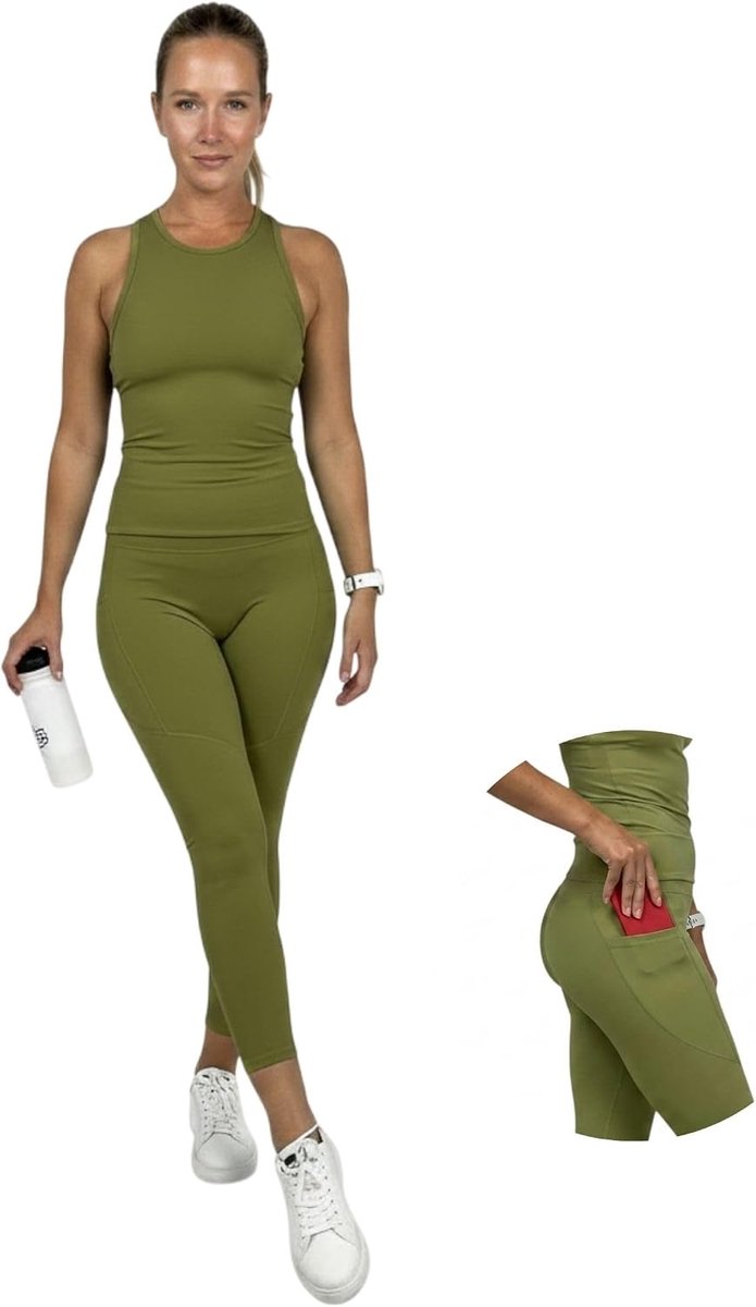 Trainingspak voor dames, sportlegging, push-up en tanktop, sport, compleet pak, shorts, workout en tanktop fitness, kleding voor yoga, hardlopen, pilates (kaki, XXL)