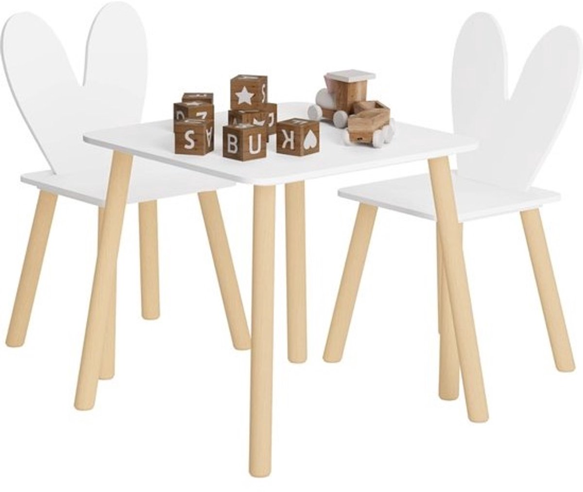 Set met 2 kinderstoelen en 1 kindertafel - Peuterstoel - Kindertafel en kinderstoelen - Eenvoudige montage - Hout - Wit