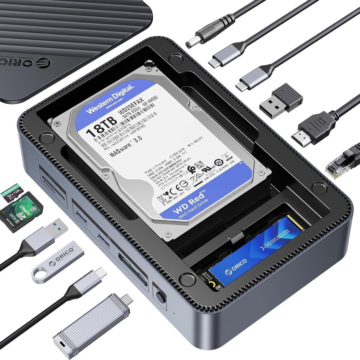 12-in-1 USB-C Docking Station met dubbele SSD behuizing, ondersteunt M.2 NVMe/SATA en 2.5"/3.5" SATA schijven tot 26TB, 10Gbps USB, 4K HDMI @ 60Hz voor optimale connectiviteit en opslagoplossingen