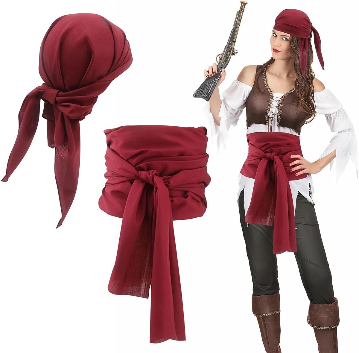 Piratenkostuum voor heren, 2-delig, piratenkostuum, dames, rosso riem/sjaal, piratenaccessoires voor dames, pasvorm, Halloween, carnaval, kostuum