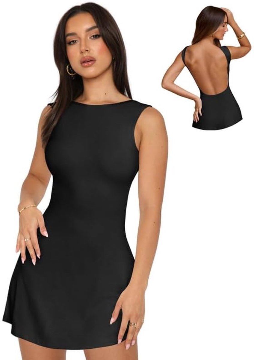 Damesjurk, rugvrij, mini-jurk, elegant, mouwloos, bootkraag, zomerjurk, bodycon, A-lijn, korte jurk, casual, rondingen, voor cocktail, disco, feest