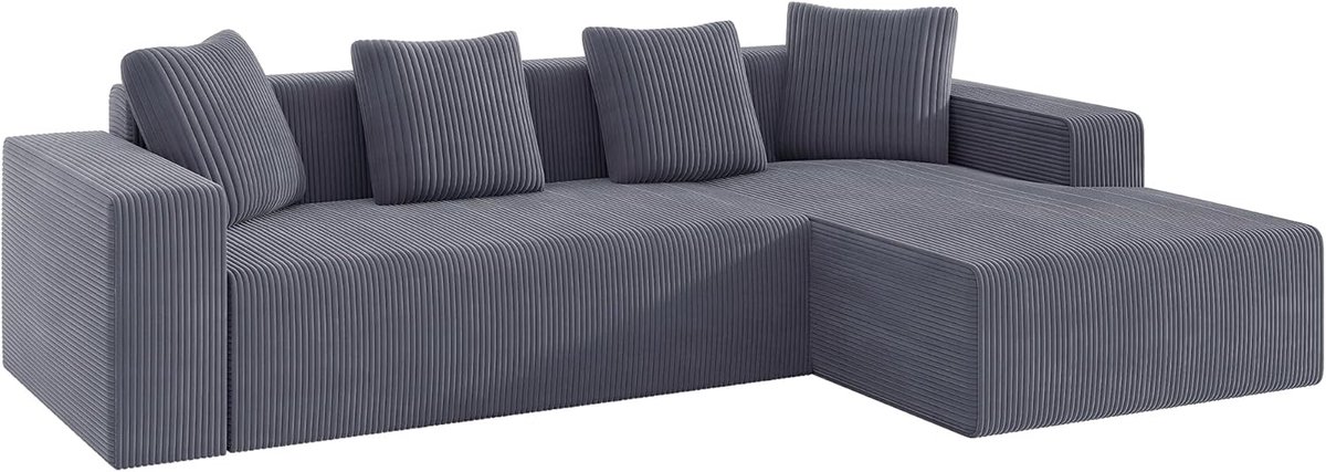 Cloud volledig op te vouwen, moderne L-vormige chaise longue, zonder montage, bank met diepe zitting van ribfluweel, gevoerde bank, voor woonkamer en slaapkamer (grijs B, 3-zits)
