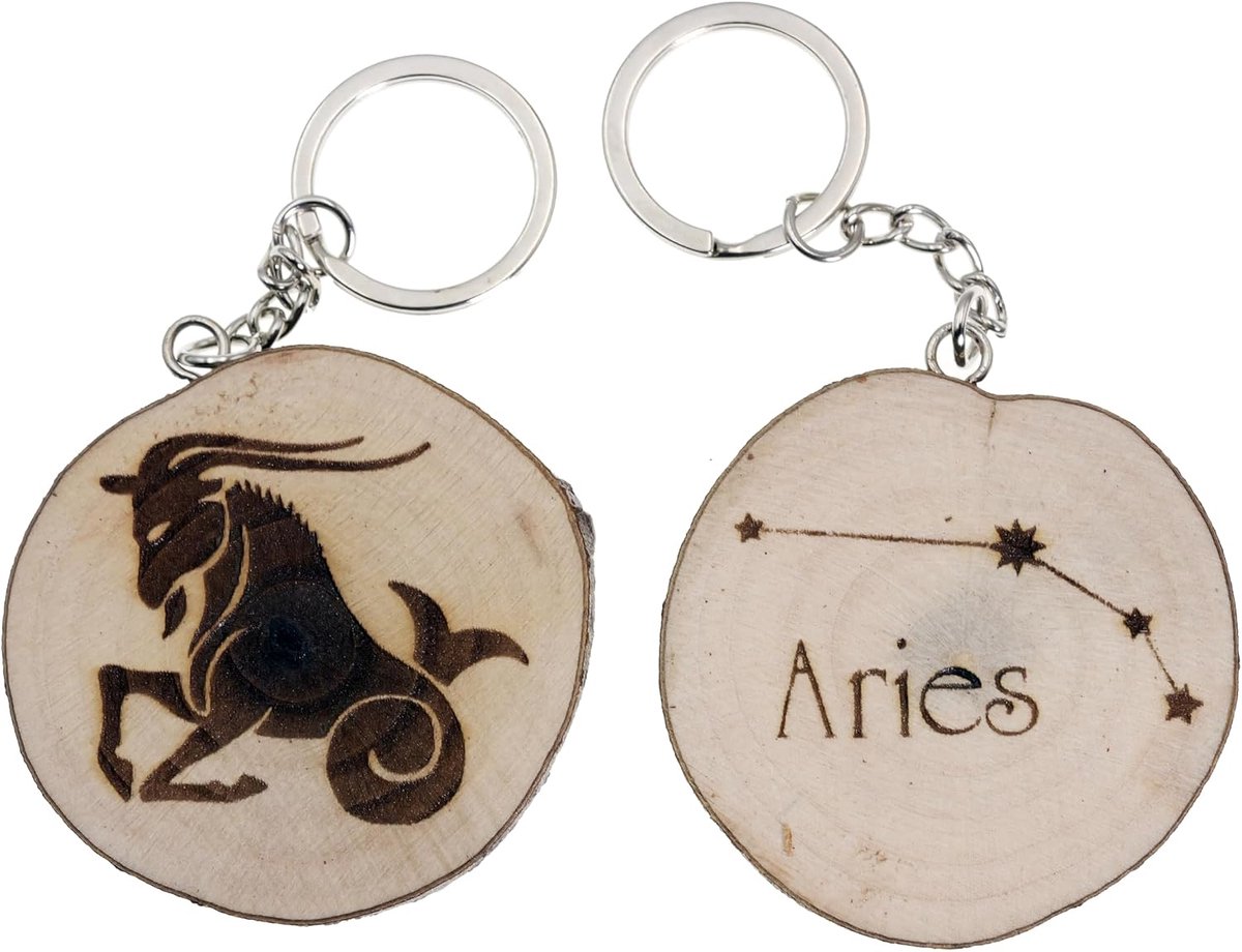 Sleutelhanger van natuurlijk hout met astrologisch symbool van Ram en sterrenbeeld Ram