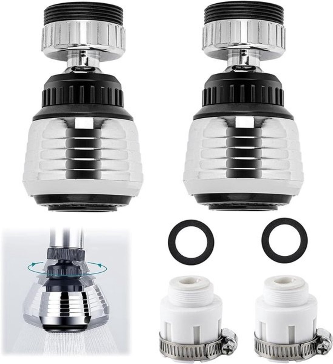 360° tap aerator - 2 standen - met 2 adapters - Zilver - Flexibel - voor snel schoonmaken - ShopVlot
