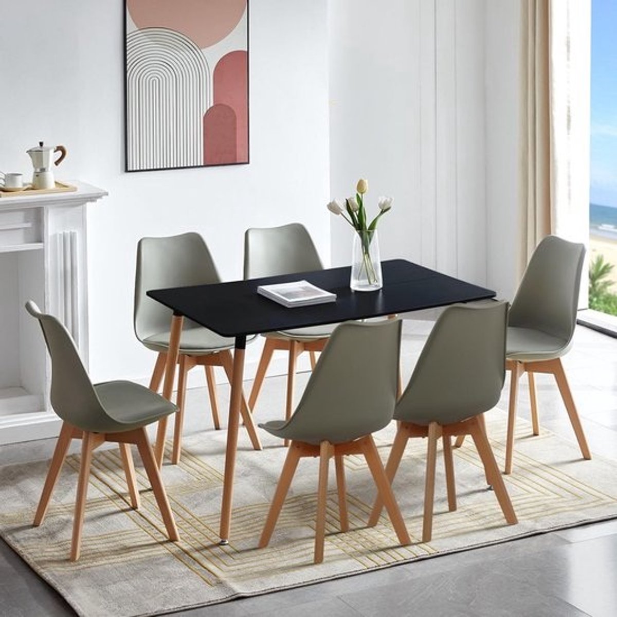 Eetkamerset met 6 stoelen - compacte tafel - Massief hout - zachte kussens