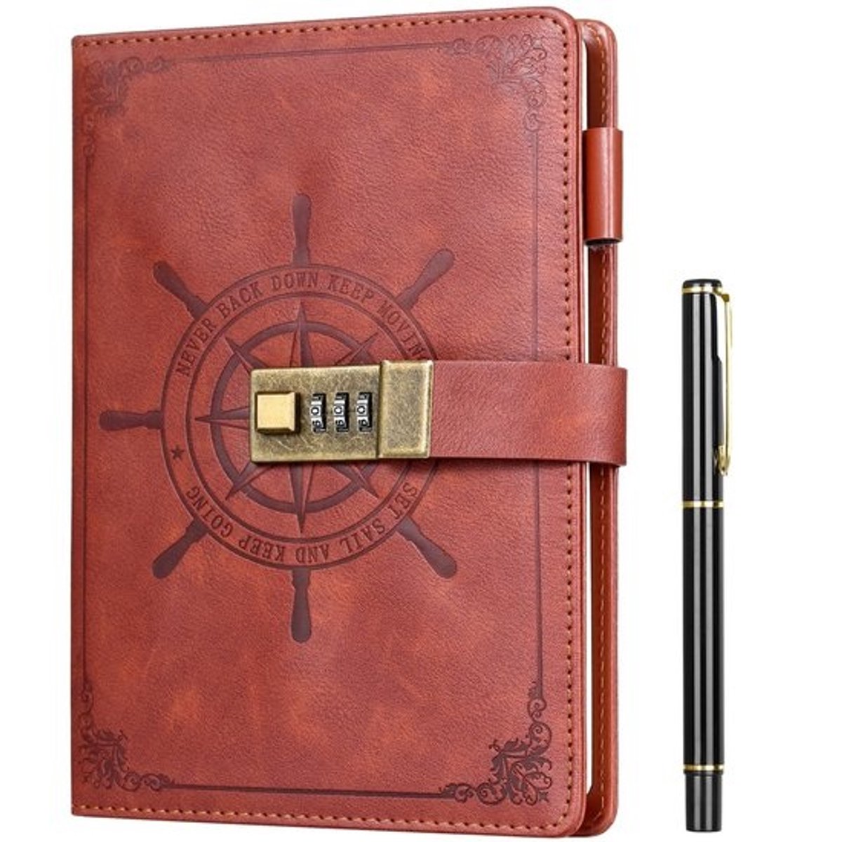 Dailygoods - Kesote dagboek met wachtwoord van leer met cijferslot, A5, met pen, 212 pagina's (bruin)