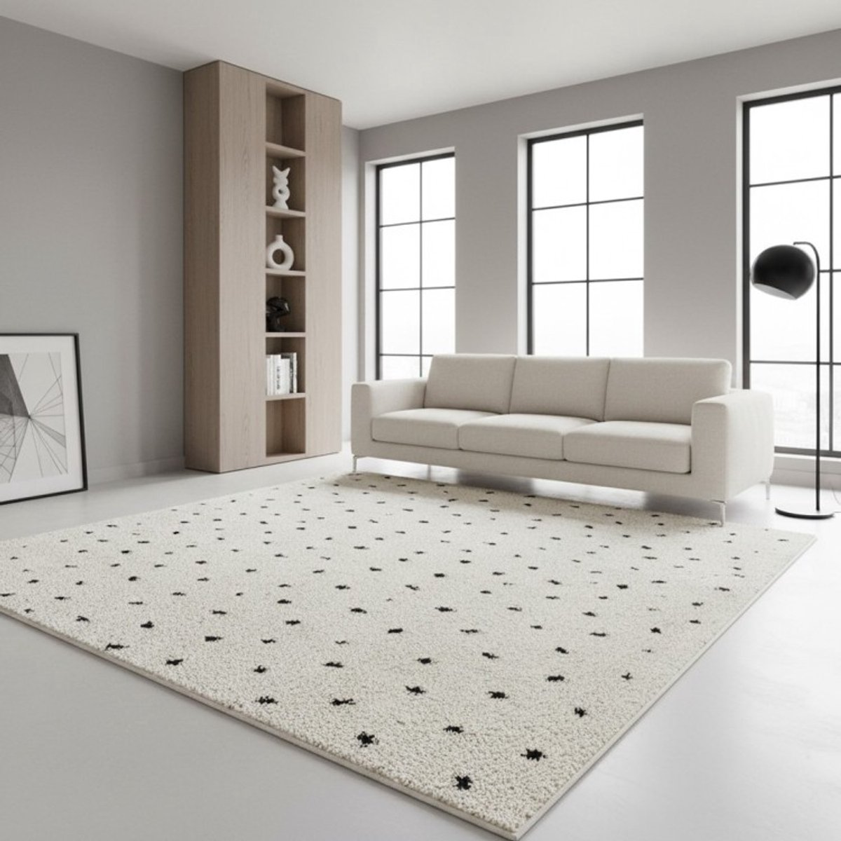 TapisTrend Harig tapijt Crème 140x200 cm Crèmekleurig hoogpolig vloerkleed met kleine zwarte stippen en franjes voor de woonkamer en slaapkamer Beige