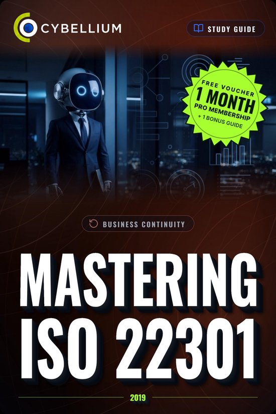 Studiegids over ISO 22301 met een robot in pak en een voucher voor een maand gratis Pro-lidmaatschap.