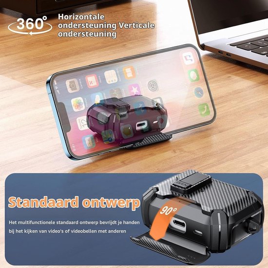 Hoes voor AirPods Pro 2 (2023/2022/2019), Beschermhoes Cover voor AirPods Pro 2e/1e Generatie (USB-C/Lightning), Schokbestendige TPU + PC Case met Karabijnhaak, Zwart — afbeelding 5
