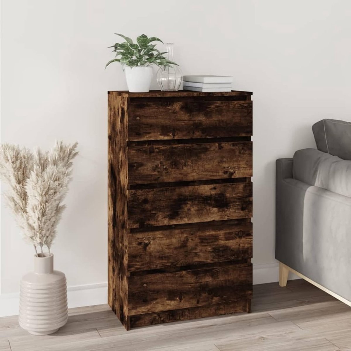 Dressoir met 5 schuifladen, commode, dressoir, bijzetkast, multifunctionele kast, ladekast, rookeiken, 60 x 36 x 103 cm