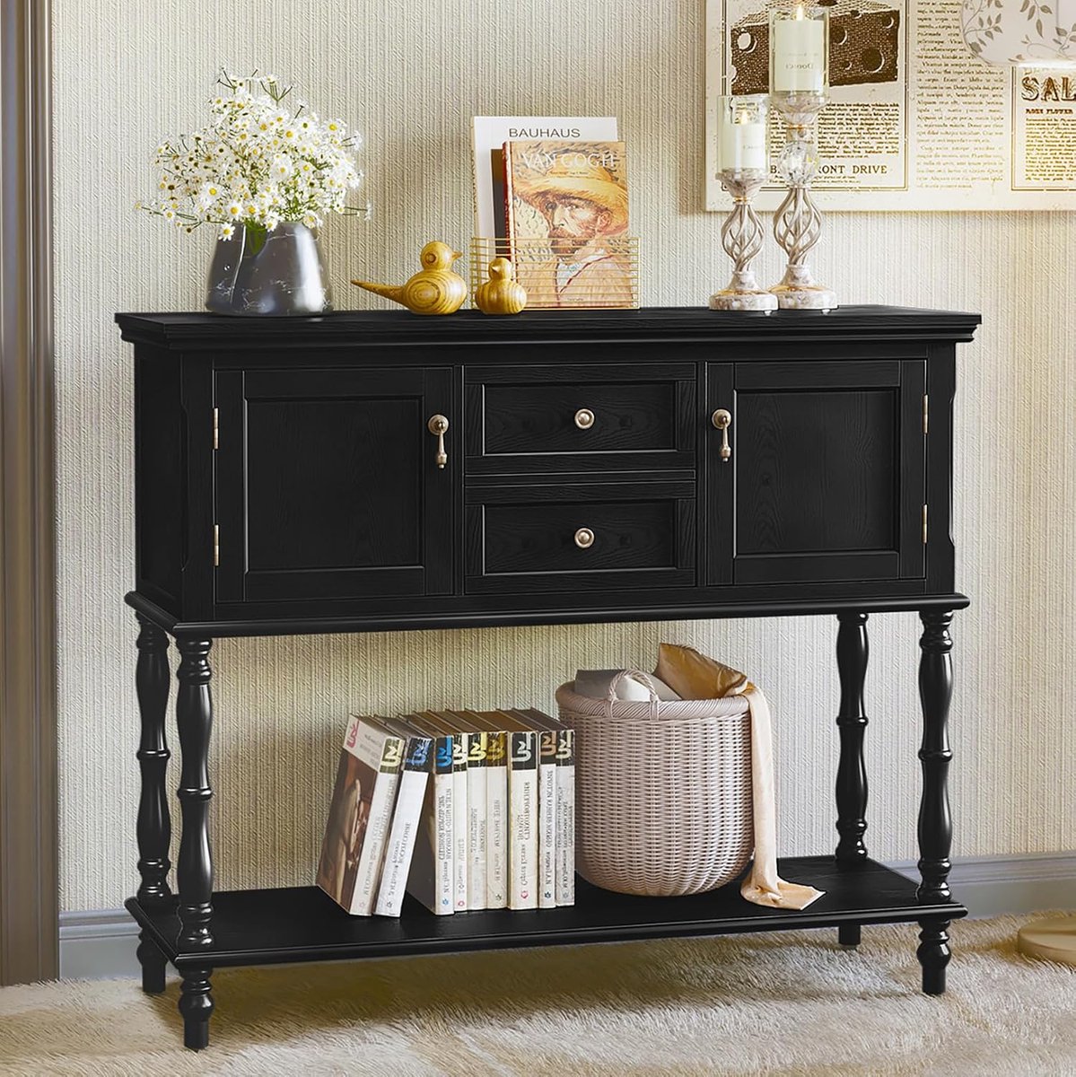 Consoletafel met laden en opbergkast, hout zwart smal met lade Consoletafels voor de woonkamer, entree, gang, slaapkamer