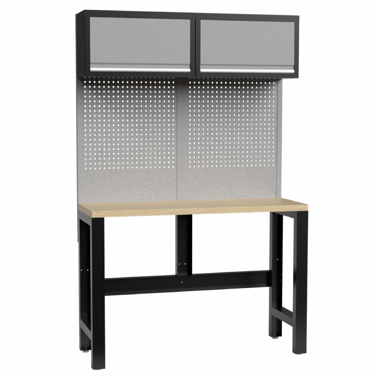 Kraftmeister werkbank 136 cm - Werktafel met met gereedschapswand, 2 opbergkasten en multiplex werkblad - Grijs