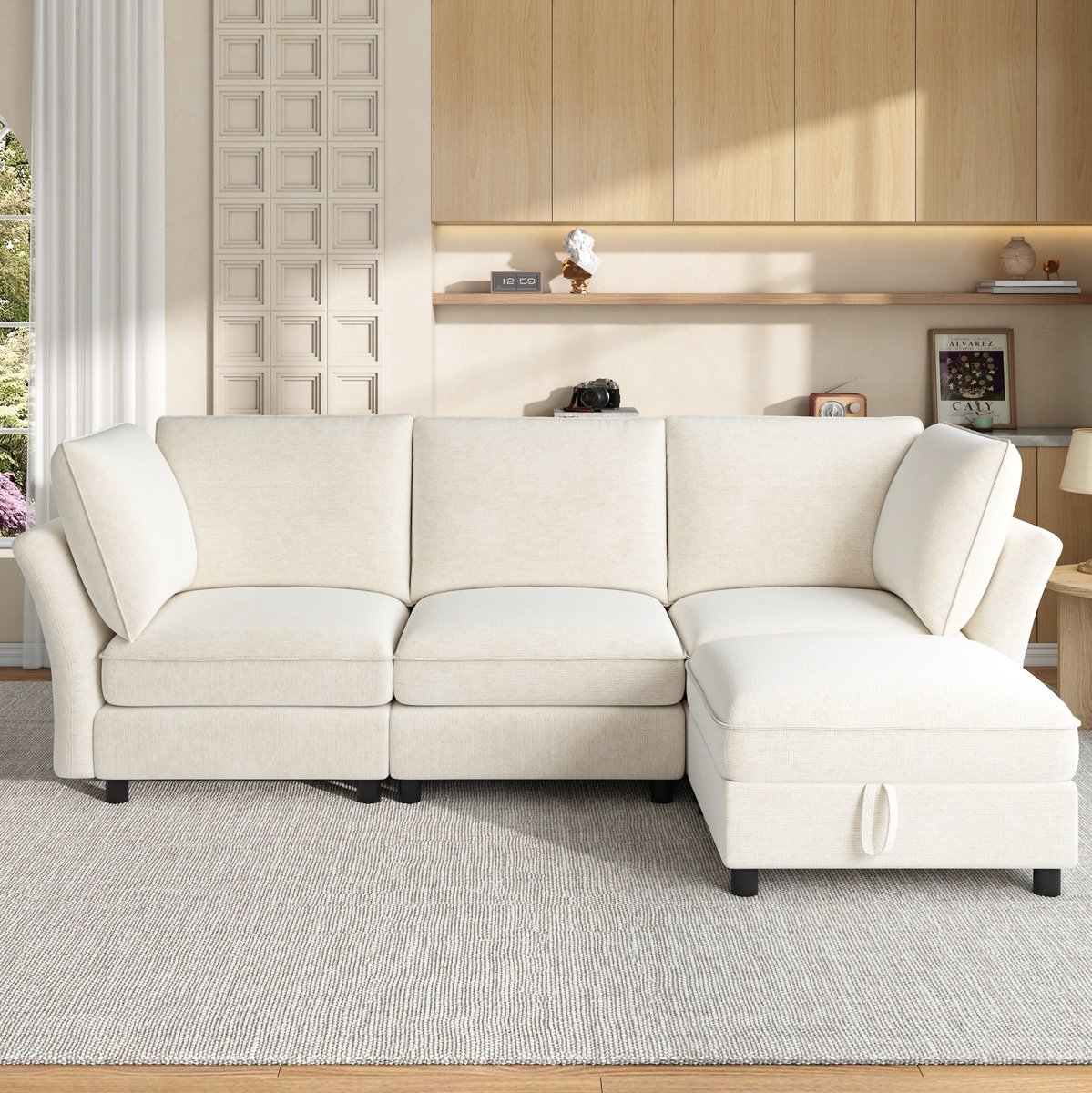REDOM Hoekbank - 4-zits modulair L-vormig ontwerp - Opberghocker - Chenille bekleding - Zacht zitcomfort - Woonkamer - Beige - 225 x 137 x 84 cm