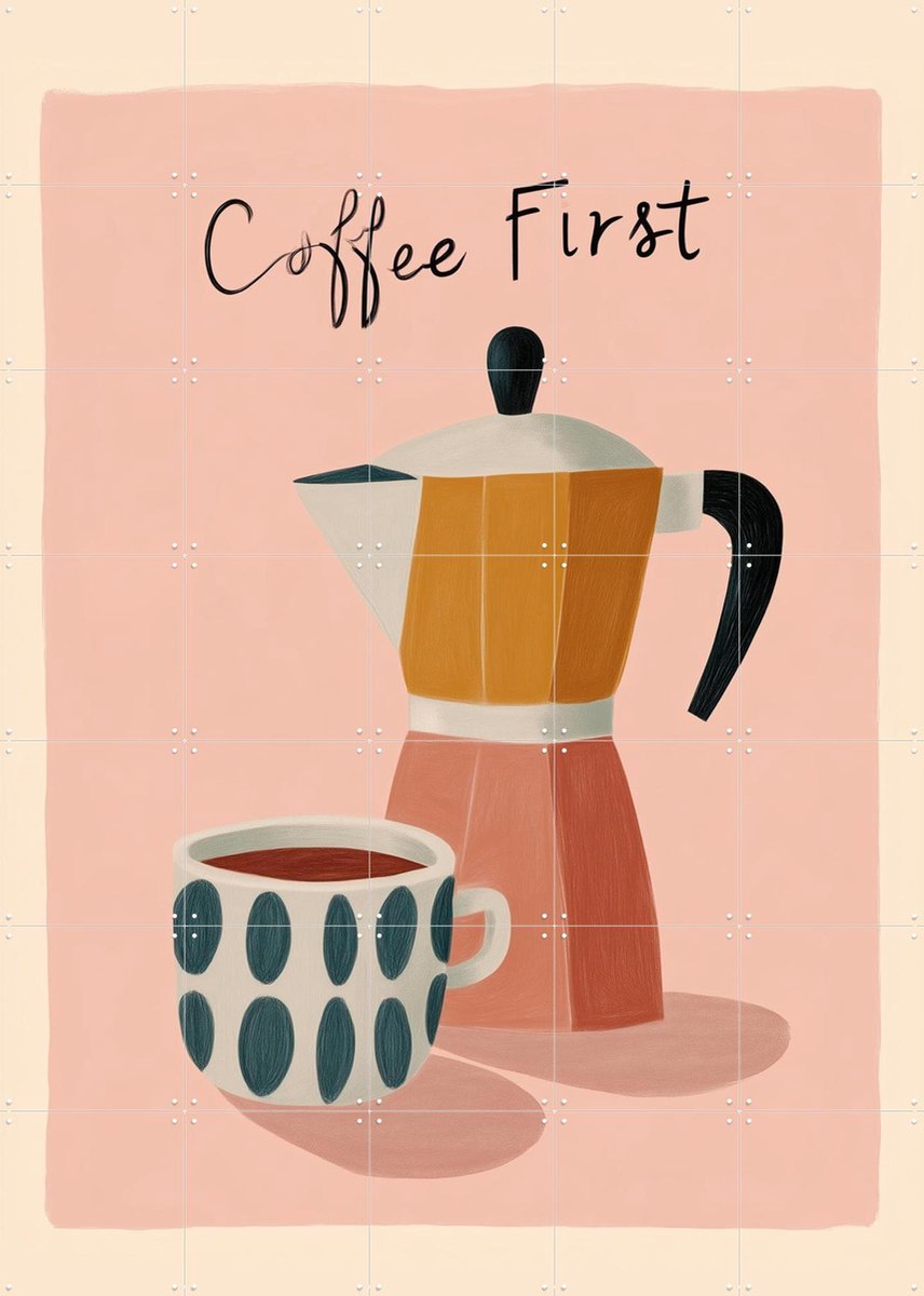 IXXI Coffee First, Branka Kodžoman - 100 x 140 cm - Gratis ophangtool - Grote wanddecoratie en posters - Kleurrijk, Modern, Eetkamer, Keuken