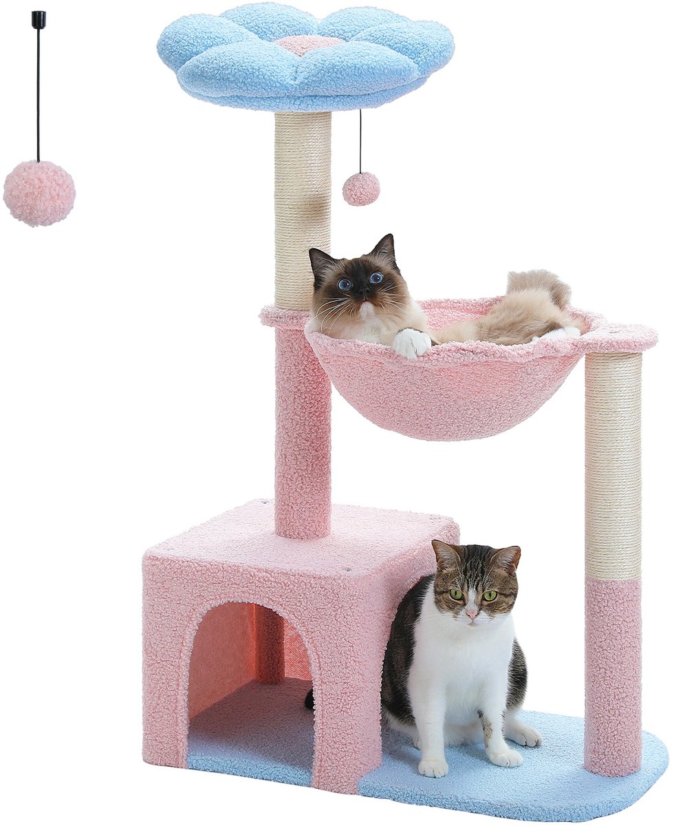 Prime Home Krabpaal voor katten - Met kattenmand - Kattenboom - Hangmat kat - Kat toren - 93 x 62 x 34cm - Met sisal - Roze en blauw