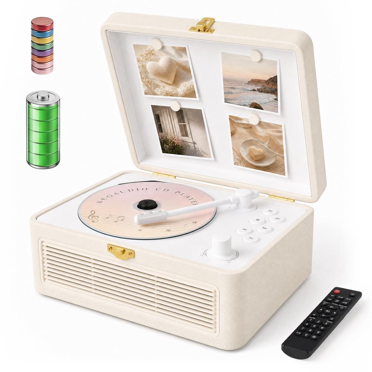 CD Speler Bluetooth met Speakers en Radio Draagbare CD speler USB AUX aansluiting Afstandsbediening Wit Retro Design
