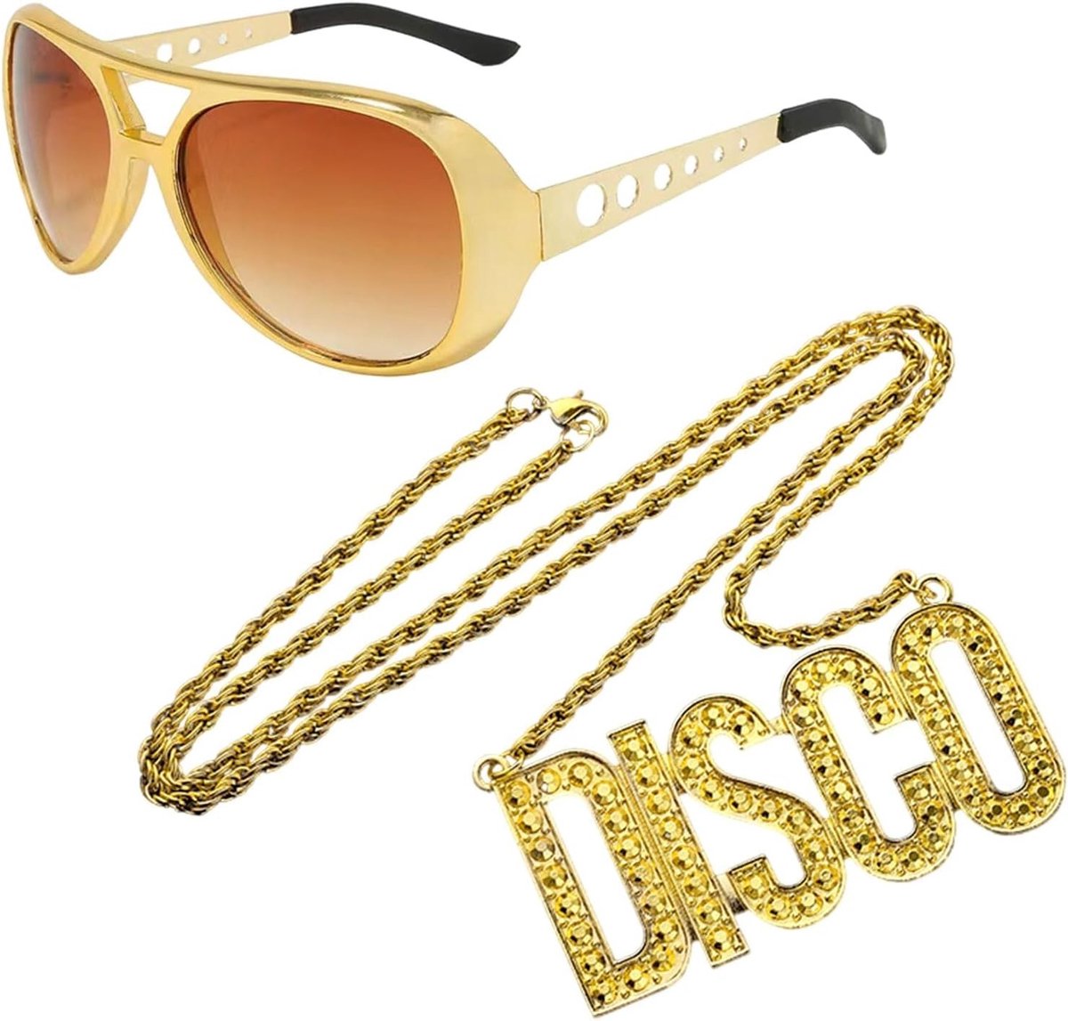 Pack van 2 Hip Hop Zonnebrillen met Gouden Ketting voor 70s 80s 90s Disco Kostuum en Carnaval Accessoires