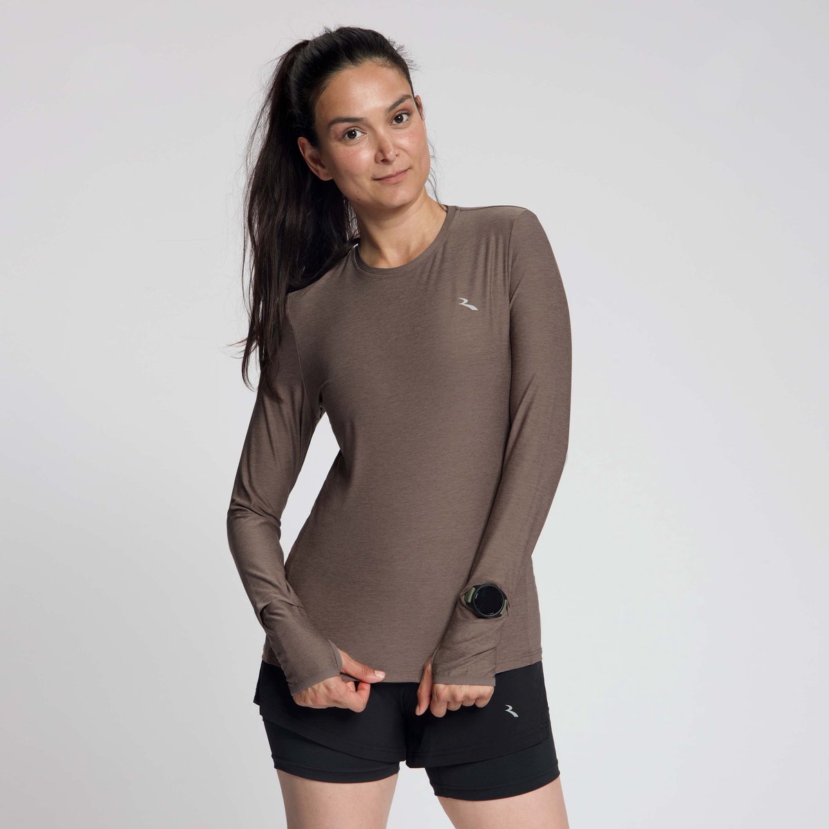 Rogelli Essential Dames Hardloopshirt Lange Mouw - Duimgat - Mokka